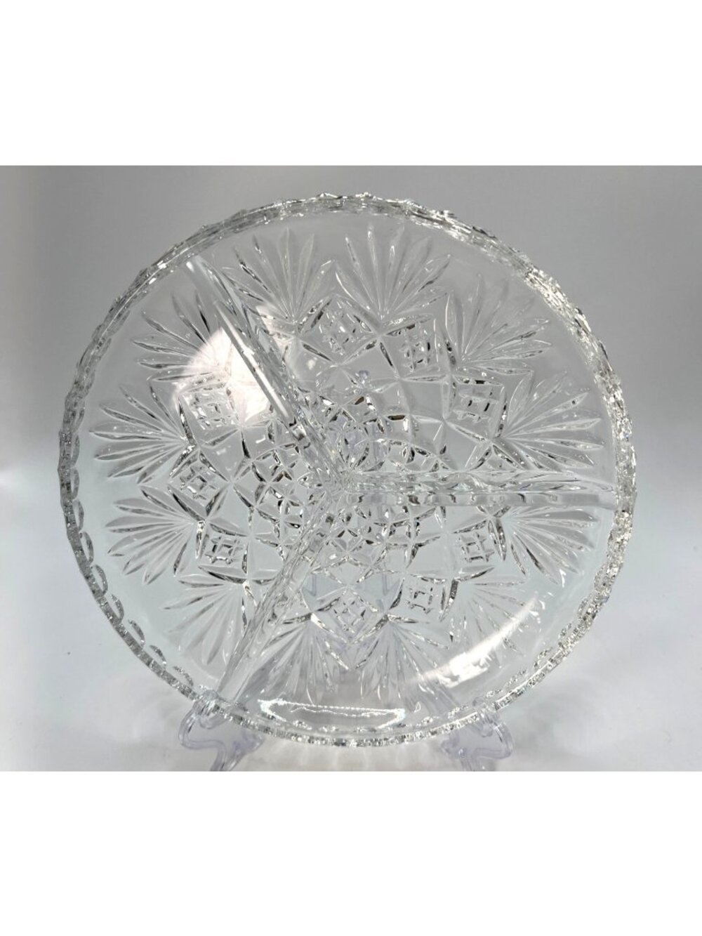 Vtg Round Cut Glass Divided 3 Section Dish Crystal Clear Intricate Starburst & D